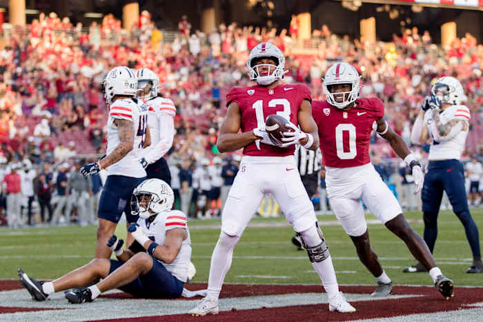 Sep 23, 2023; Stanford, California, USA; Stanford Cardinal wide receiver Elic Ayomanor (13) reacts after scoring a touchdown against the Arizona Wildcats during the third quarter at Stanford Stadium. Mandatory Credit: John Hefti-USA TODAY Sports